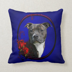 Brindle pitbull with roses throw pillow