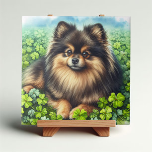 Brindle Pomeranian Watercolor Clover Shamrock Ceramic Tile