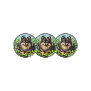 Brindle Pomeranian Watercolor Clover Shamrock Golf Ball Marker