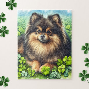 Brindle Pomeranian Watercolor Clover Shamrock Jigsaw Puzzle