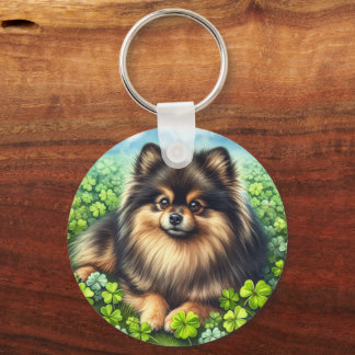 Brindle Pomeranian Watercolor Clover Shamrock Keychain