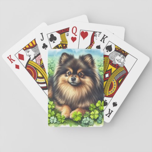 Brindle Pomeranian Watercolor Clover Shamrock Poker Cards