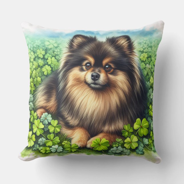 Brindle Pomeranian Watercolor Clover Shamrock Throw Pillow (Front)