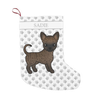 Brindle Smooth Coat Chihuahua Cartoon Dog &amp; Name Small Christmas Stocking