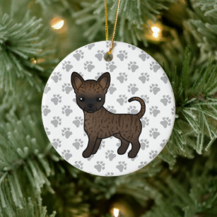 Brindle Smooth Coat Chihuahua Cartoon Dog & Paws Ceramic Ornament