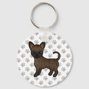 Brindle Smooth Coat Chihuahua Cartoon Dog & Paws Keychain