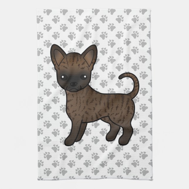 Brindle Smooth Coat Chihuahua Cartoon Dog & Paws Kitchen Towel (Vertical)