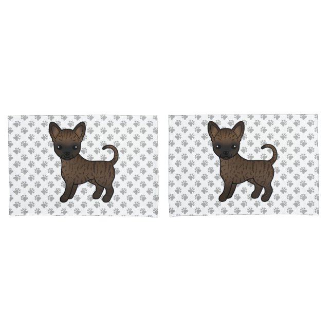 Brindle Smooth Coat Chihuahua Cartoon Dog & Paws Pillow Case (Front-Set)