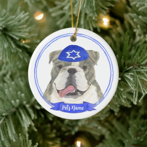 Brindle  White English Bulldog Hanukkah Ceramic Ornament