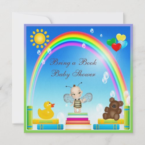 Bring a Book Baby Bee &amp; Rainbow Baby Shower Invites
