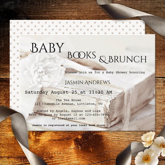 Bring a Book Baby Shower Invitation (Romantic book theme baby shower invitation in warm off-white colors with a book and peony flower)