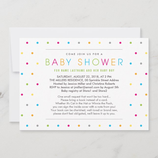 Bring a Book Color Dots Clean Baby Shower Invite (Front)