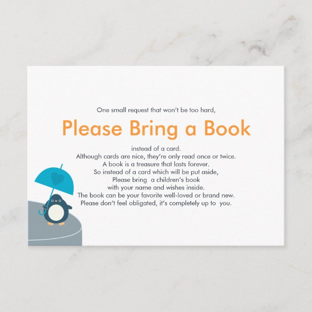 Bring a Book Cute Penguin Boy Blue Insert Card (Front)