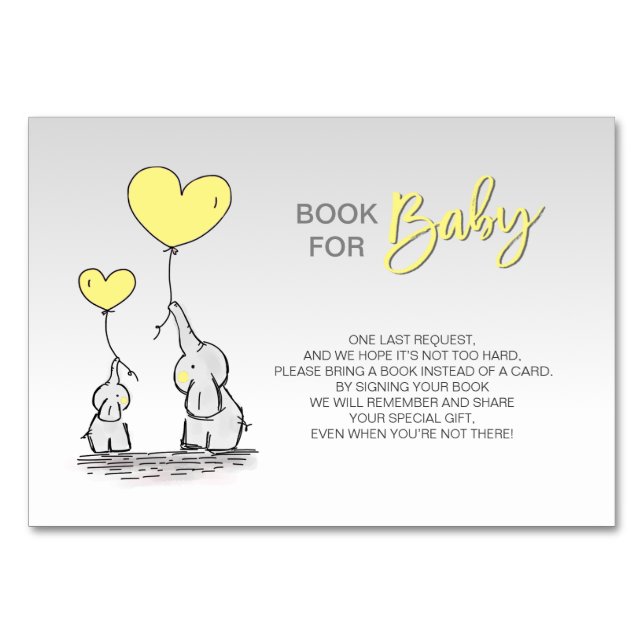 Bring a Book - Elephant YELLOW Grey Baby Shower Table Number (Front)