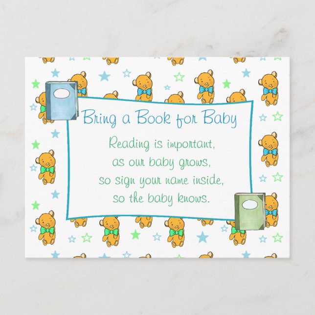 Bring  a Book for Baby Blue boy's Baby Shower Postcard (Front)