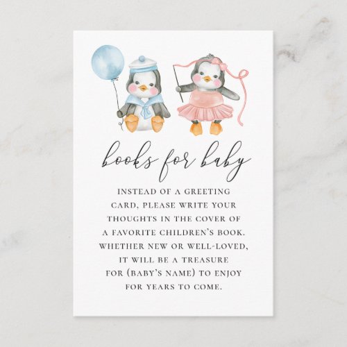 Bring a book for baby Watercolor cute penguin Enclosure Card