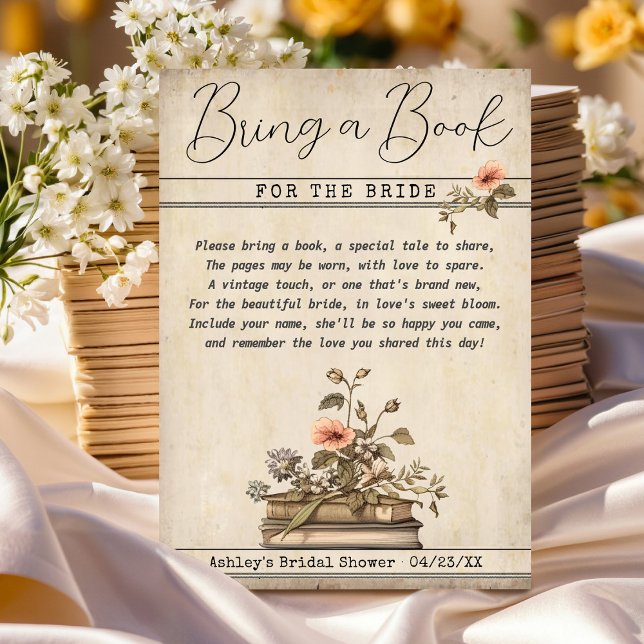 Bring a Book for the Bride Bridal Shower Insert Invitation (Vintage Bring a Book for the Bride watercolor floral library card literary bridal shower insert card)