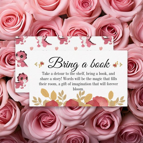 Bring a Book Girls Pink Dinosaur Baby Shower Enclosure Card