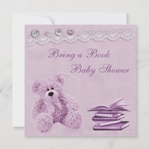 Bring a Book Lilac Teddy Vintage Lace Baby Shower Invitation