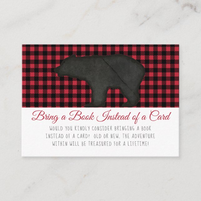 Bring a Book Lumberjack Plaid Bear Boy Shower Enclosure Card (Front)
