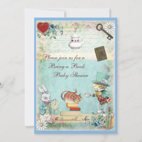 Bring a Book Mad Hatter  Cheshire Cat Baby Shower Invitation
