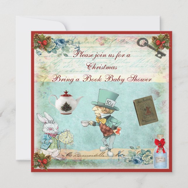 Bring a Book Mad Hatter Christmas Baby Shower Invitation (Front)