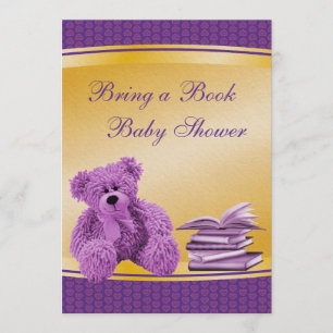 Bring a Book Purple Teddy & Hearts Baby Shower Invitation