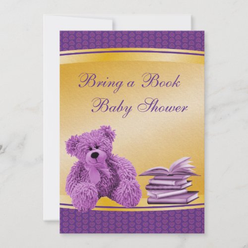 Bring a Book Purple Teddy  Hearts Baby Shower Invitation