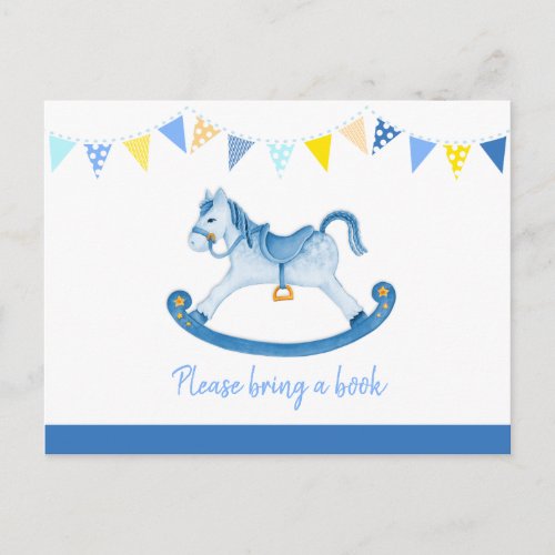 Bring a book rocking horse baby shower blue card