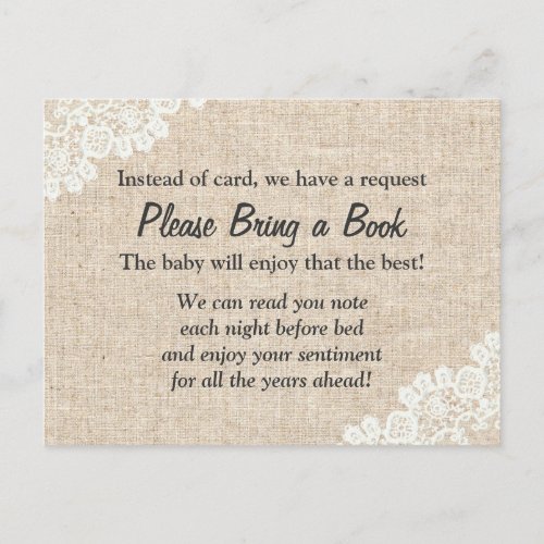 Bring a Book Rustic Lace Burlap Baby Shower Insert Invitation Postcard
