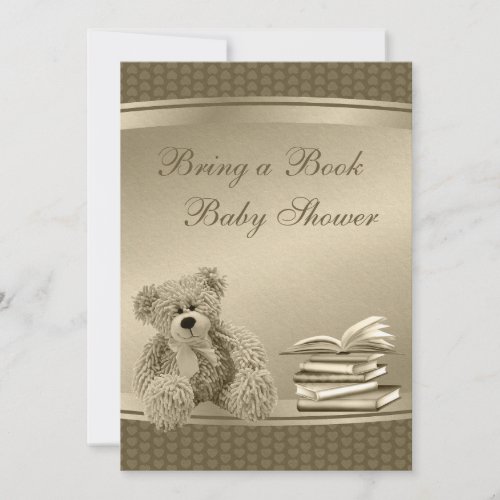 Bring a Book Teddy  Hearts Neutral Baby Shower Invitation