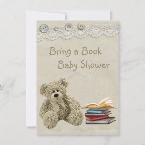 Bring a Book Teddy Vintage Lace Print Baby Shower Invitation