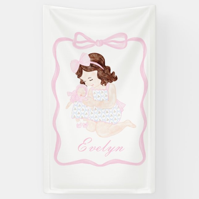 Bring a Doll Birthday Preppy Grandmillennial Banner (Vertical)