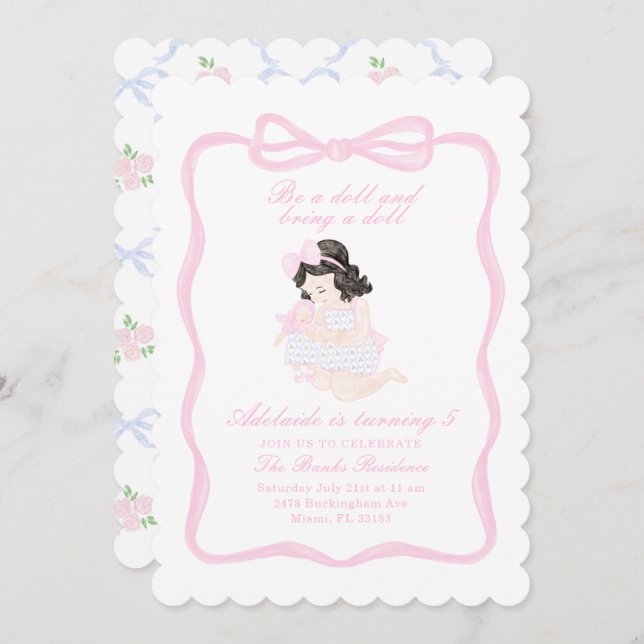 Bring a Doll Birthday Preppy Grandmillennial Invitation (Front/Back)