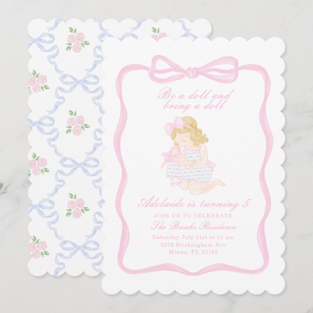 Bring a Doll Birthday Preppy Grandmillennial Invitation (Front/Back)