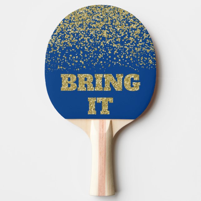 Bring It Fun Gold Glitter Sparkle Blue Ping Pong Paddle (Front)