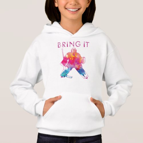 Bring It Girls Pink Hockey Goalie Watercolor Hoodie