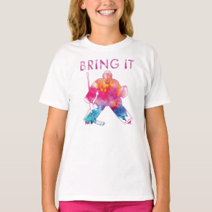 Bring It Girls Pink Hockey Goalie Watercolor T-Shirt