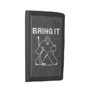Bring It Hockey Goalie on dark gray grunge Tri-fold Wallet