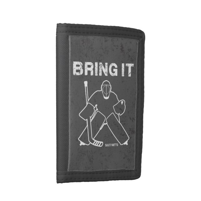 Bring It Hockey Goalie on dark gray grunge Trifold Wallet (Side)