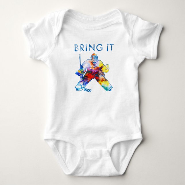 Bring It Hockey Goalie Watercolor Baby Bodysuit (Front)
