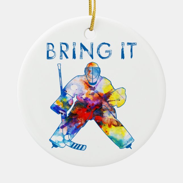 Bring It Hockey Goalie Watercolor Christmas Ceramic Ornament (Front)