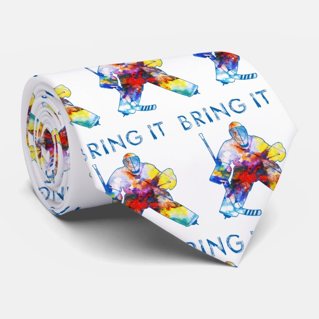 Bring It Hockey Goalie Watercolor Neck Tie (Rolled)