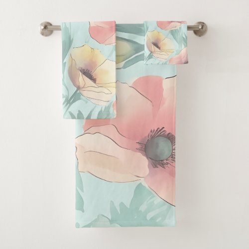 Bring nature indoors with pastel poppy flowers bath towel set