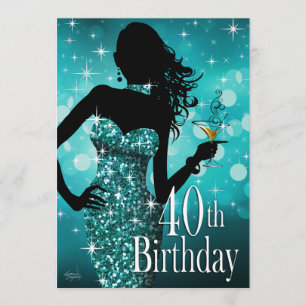 Bring the Bling Sparkle 40th Birthday teal Invitation
