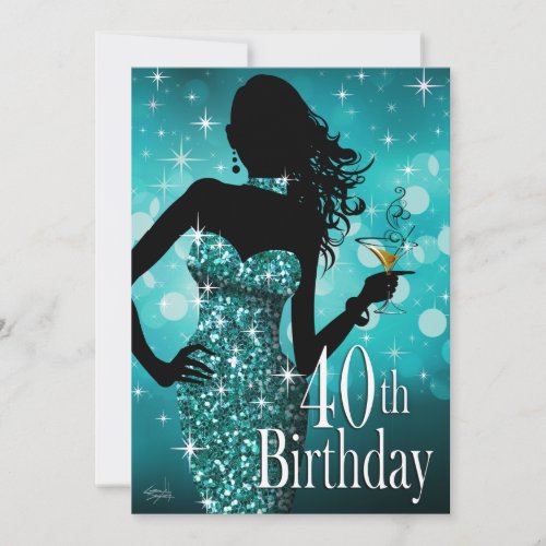 Bring the Bling Sparkle 40th Birthday  teal Invitation