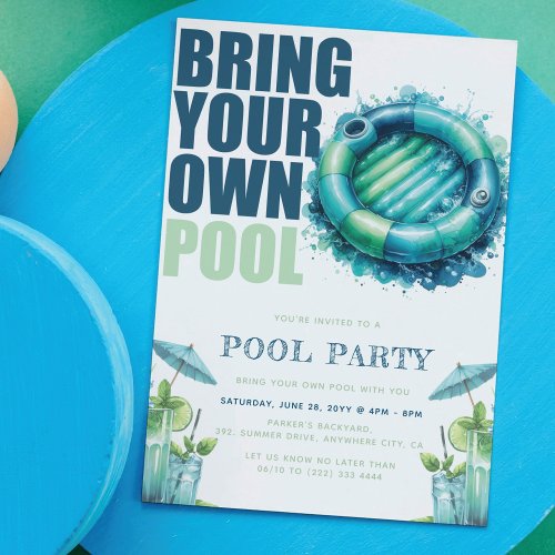 Bring Your Own Pool Party Blue Turquoise  Invitation