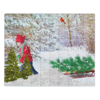 Bringing Home Christmas Tree Boy and His Sled Jigsaw Puzzle