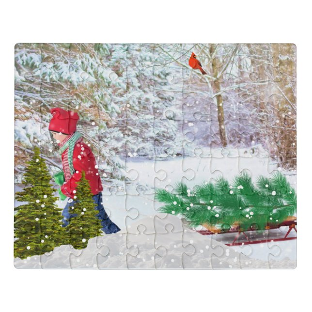 Bringing Home Christmas Tree Boy and His Sled Jigsaw Puzzle (Puzzle Horizontal)