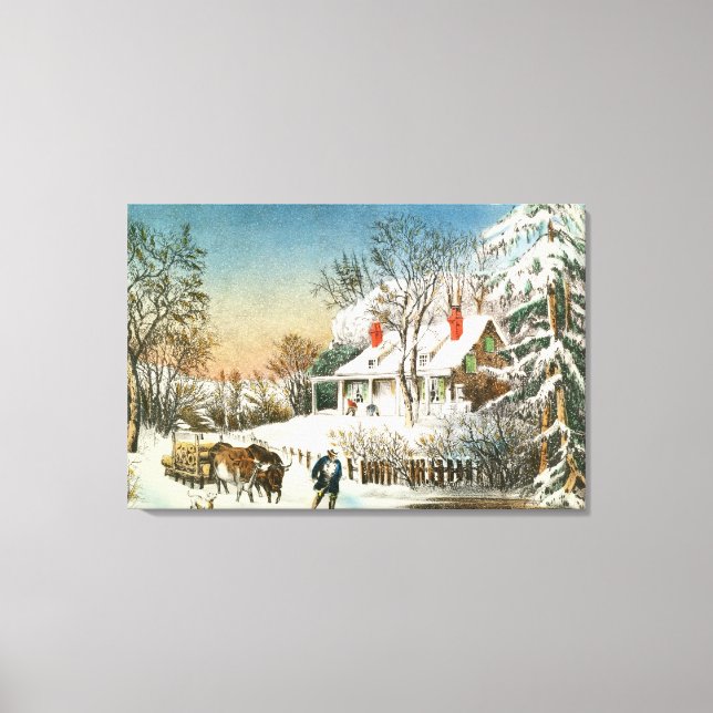 Bringing Home the Logs, Winter Landscape Canvas Print (Front)